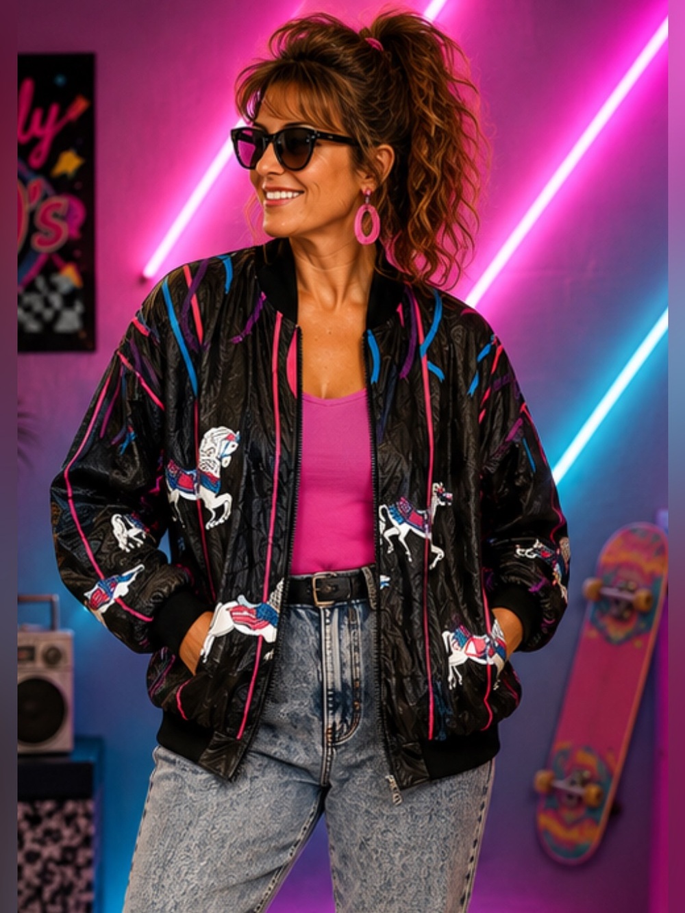 Vintage 1980s Graphic Jackets Tyvek Windbreaker XL Carousel Horse Neon Retro